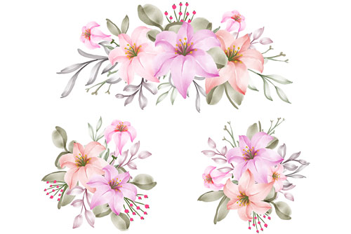 وکتور دسته گل زیبای صورتی نقاشی شده با آب رنگ لایه باز